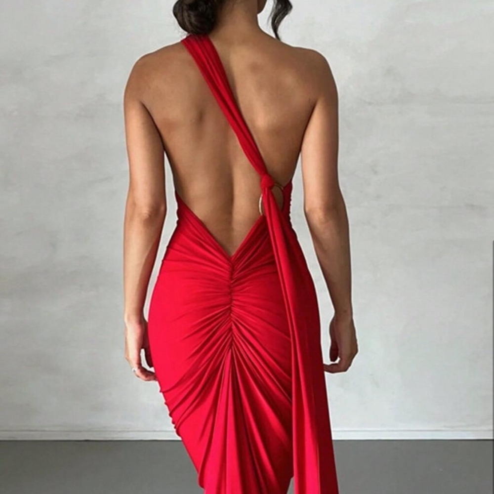 Red Sexy Women's One Shoulder Backless Fishtail Hem Dress